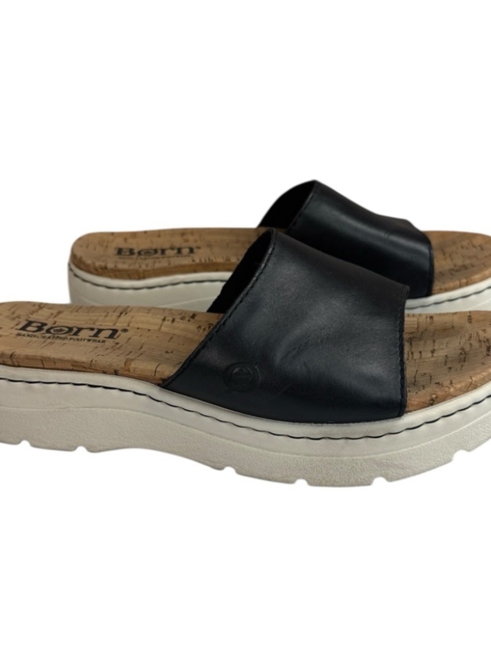 Born Black Leather Cork Footbed Platform Slide Sandals Comfort Size 8